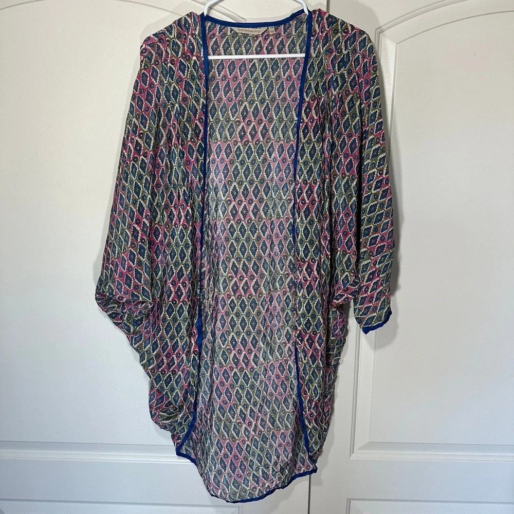 Kimono Cardigan Womens S/M Multi Color Soft Surroundings 1CZ00 Rayon Ikat Print‎